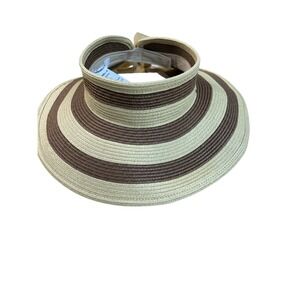 ONeill Womens‎ Striped Paper Straw Wide Brim Visor Hat Tan Brown Tie Back